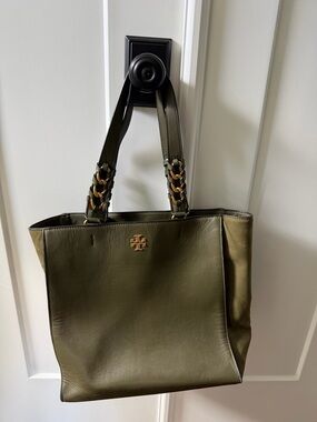 Tory Burch Olive Green Leather Tote with Gold Logo & Braided Chain Straps